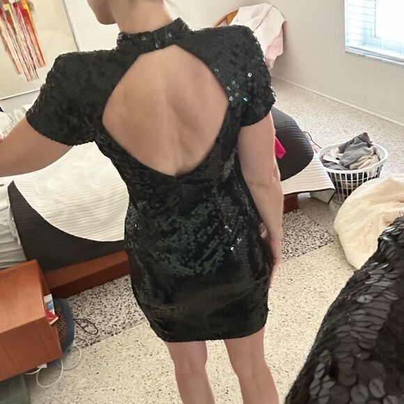 Vintage 90’s black Cache sequin mini cocktail dress high neck 8 - Picture 4 of 8